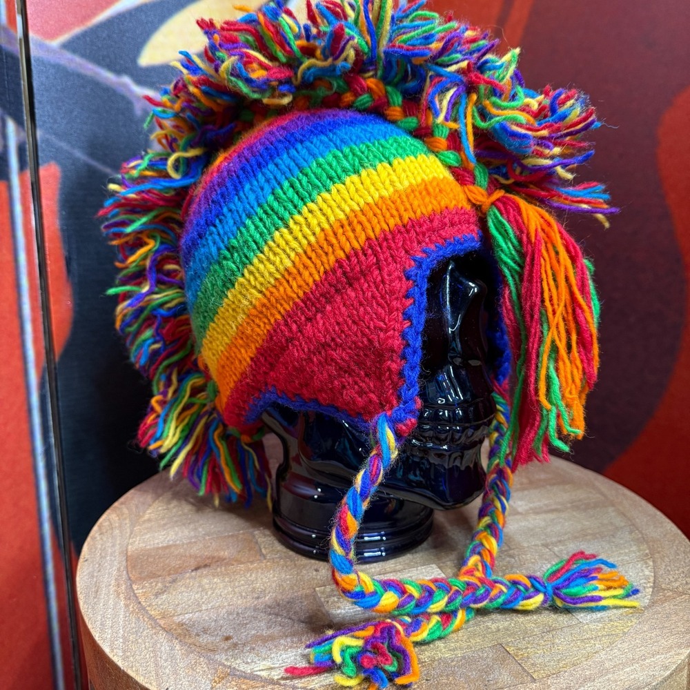 Nepal Crochet Knit Wool Mohawk Hat Beanie Rainbow Colors Boho Hippie Headwear
